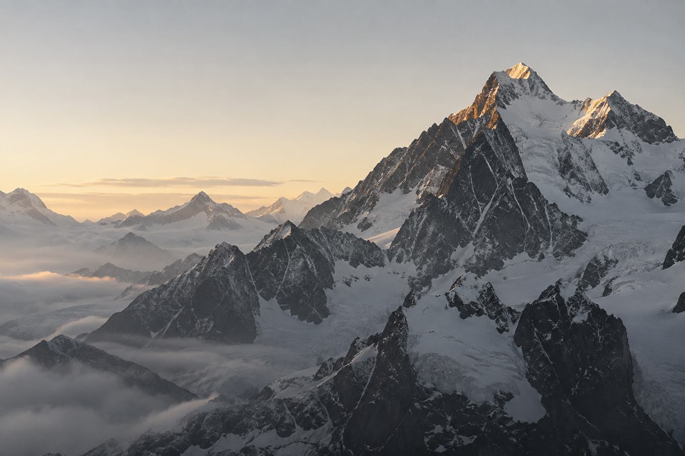 Alpine peaks at dawn, generated imagery